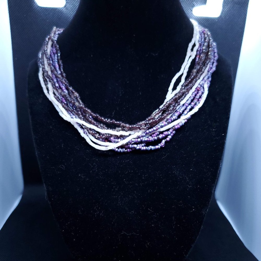 Purple and White Beaded Necklace 17"